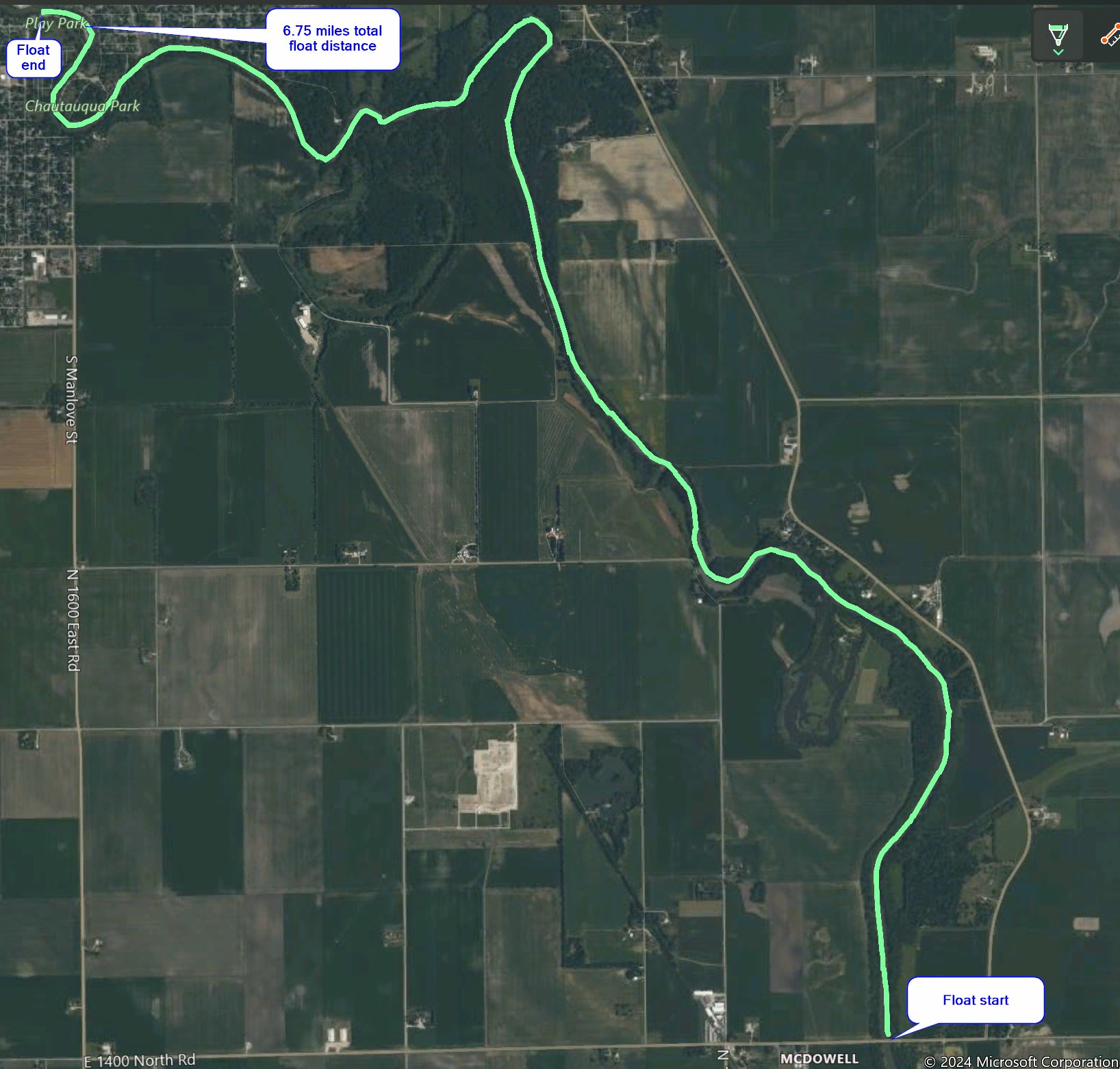 Float trip route map showing the about 7-mile path from McDowell to the Play Park in Pontiac along the Vermilion River